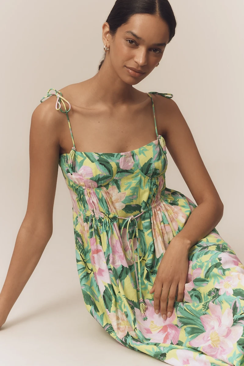 Farm Rio Linen Blend Tie-Strap Sweetheart Babydoll Midi Dress