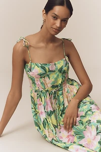 Farm Rio Linen Blend Tie-Strap Sweetheart Babydoll Midi Dress