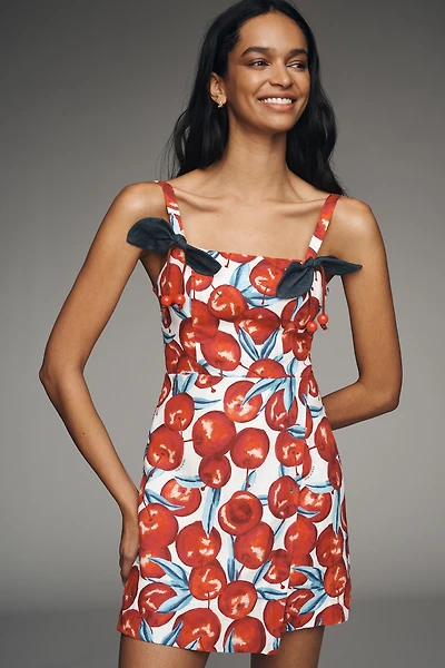 Farm Rio Cherry Linen Square-Neck Mini Dress