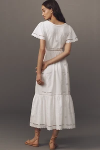 Hunter Bell Marley Flutter-Sleeve Embroidered Eyelet Midi Dress