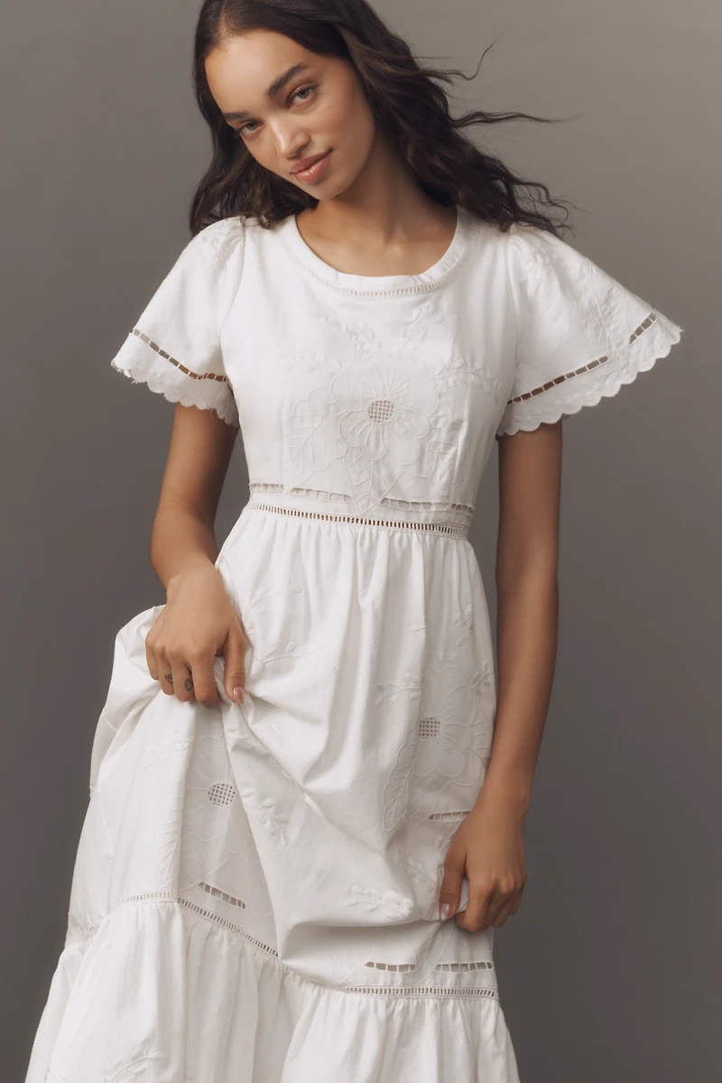 Hunter Bell Marley Flutter-Sleeve Embroidered Eyelet Midi Dress
