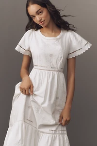 Hunter Bell Marley Flutter-Sleeve Embroidered Eyelet Midi Dress