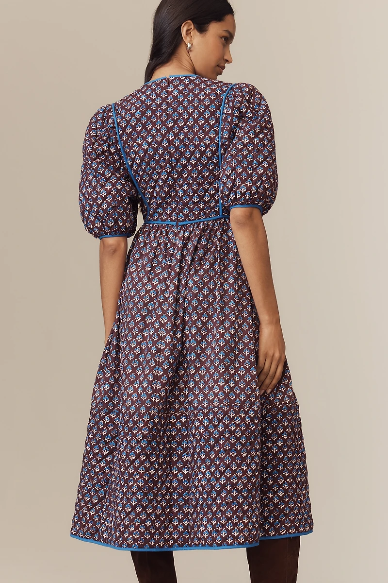 Hunter Bell Brenner Quilted Puff-Sleeve Midi Dress