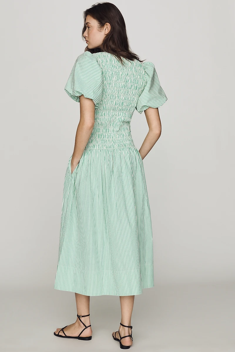 Hunter Bell Scarlet Smocked Puff-Sleeve Midi Dress