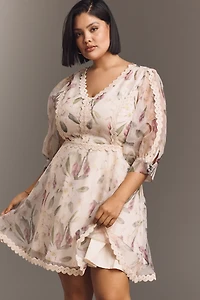 Arose Studio Alkia Puff-Sleeve Lace-Trim Mini Dress