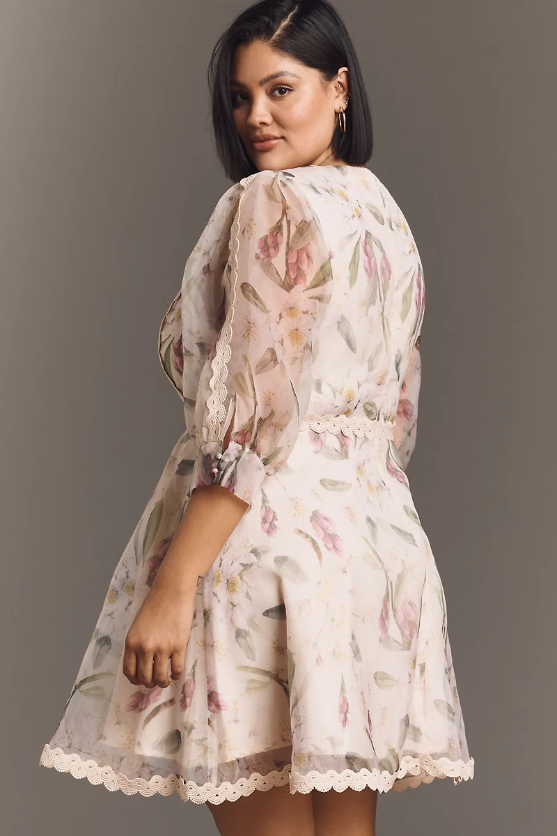 Arose Studio Alkia Puff-Sleeve Lace-Trim Mini Dress