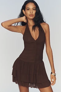 NIA Kathleen Halter Ruched Tiered Mini Dress