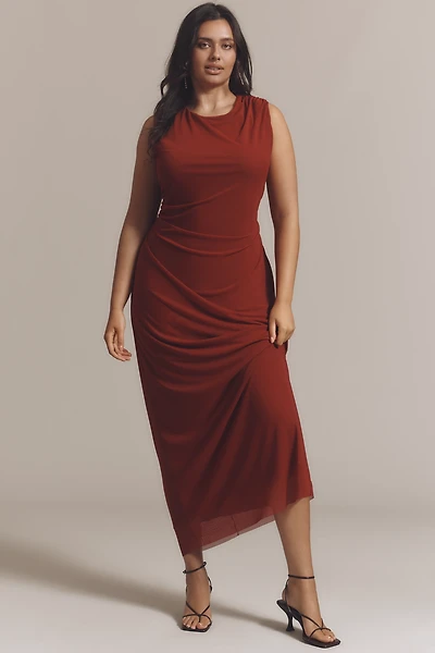 NIA Reese Sleeveless Ruched Mesh Midi Dress