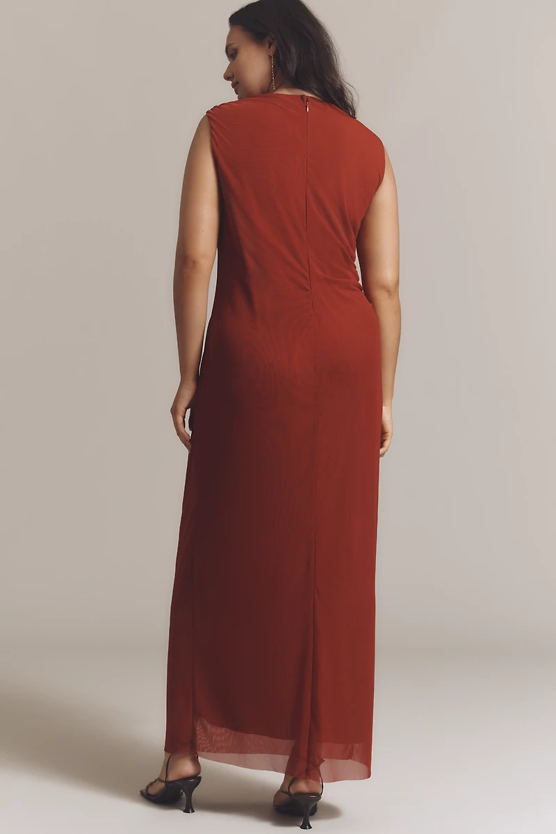 NIA Reese Sleeveless Ruched Mesh Midi Dress