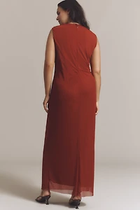 NIA Reese Sleeveless Ruched Mesh Midi Dress