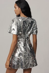 Arose Studio Short-Sleeve V-Neck Sequin Mini Dress