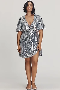 Arose Studio Short-Sleeve V-Neck Sequin Mini Dress