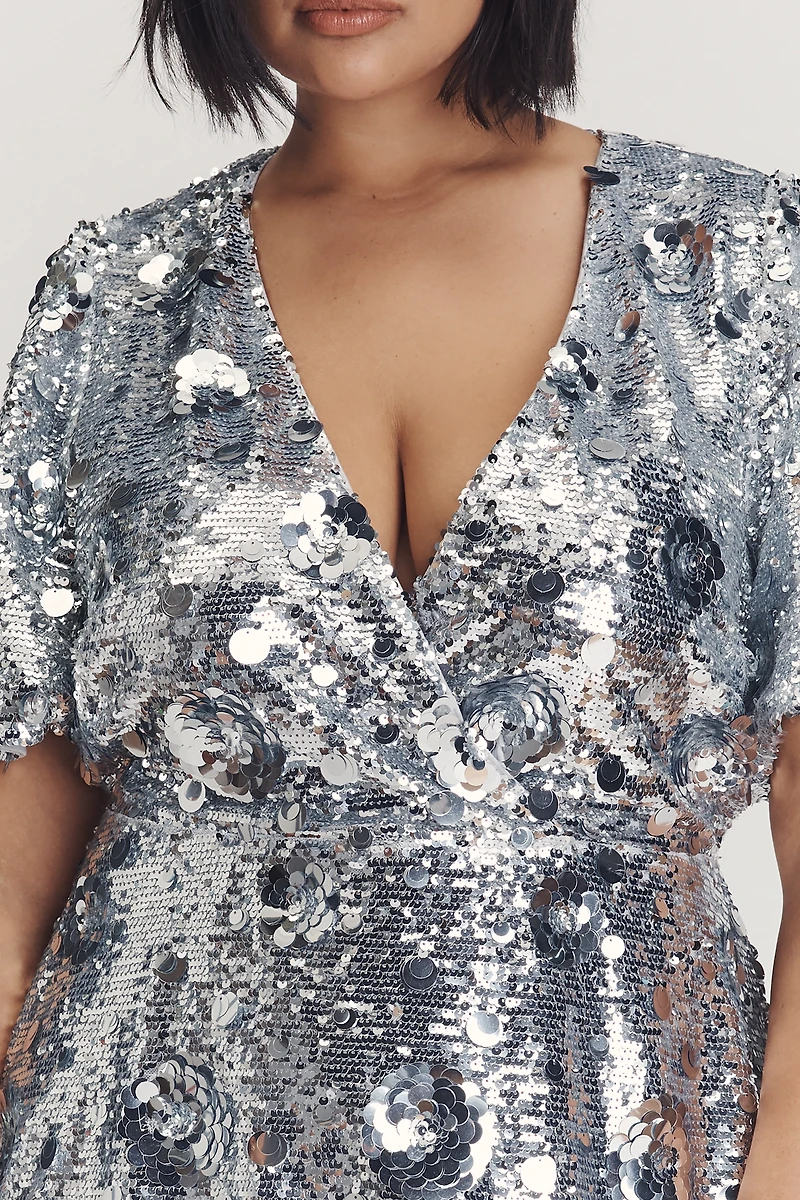 Arose Studio Short-Sleeve V-Neck Sequin Mini Dress