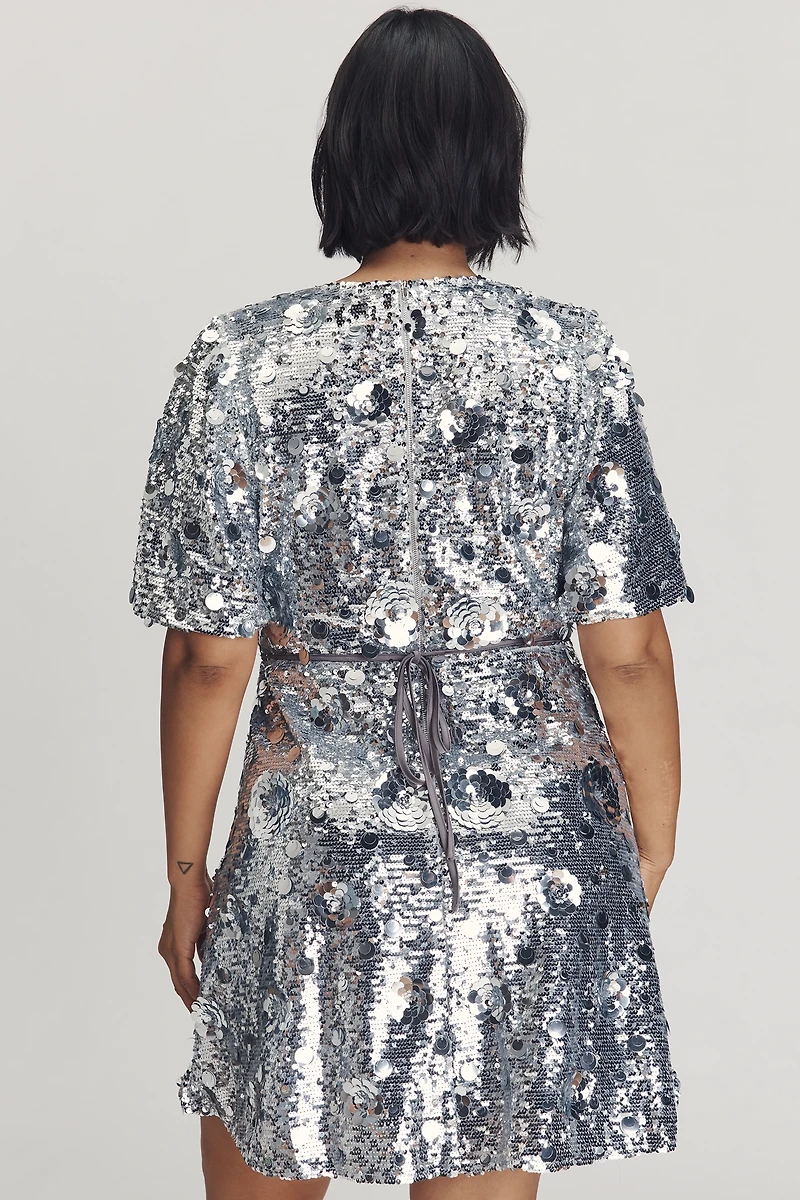 Arose Studio Short-Sleeve V-Neck Sequin Mini Dress