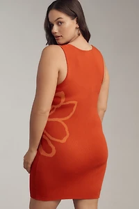 Flat White Sleeveless Square-Neck Flower-Printed Knit Mini Dress