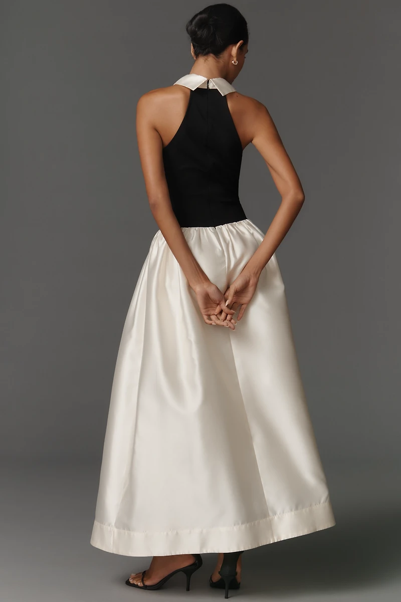 Flat White Sleeveless Collared Twofer Maxi Dress