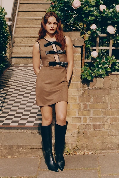 Flat White Faux-Suede Sleeveless Bow-Trim Mini Dress