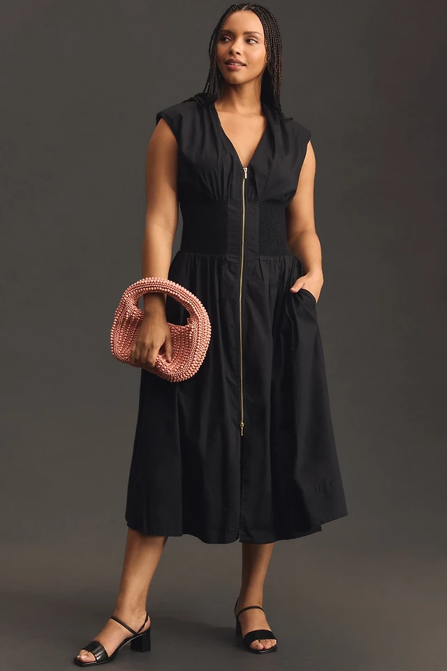 pilcro front-zip halter denim midi dress Pilcro Front-Zip Halter Denim Midi Dress
