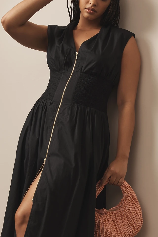 pilcro front-zip halter denim midi dress Pilcro