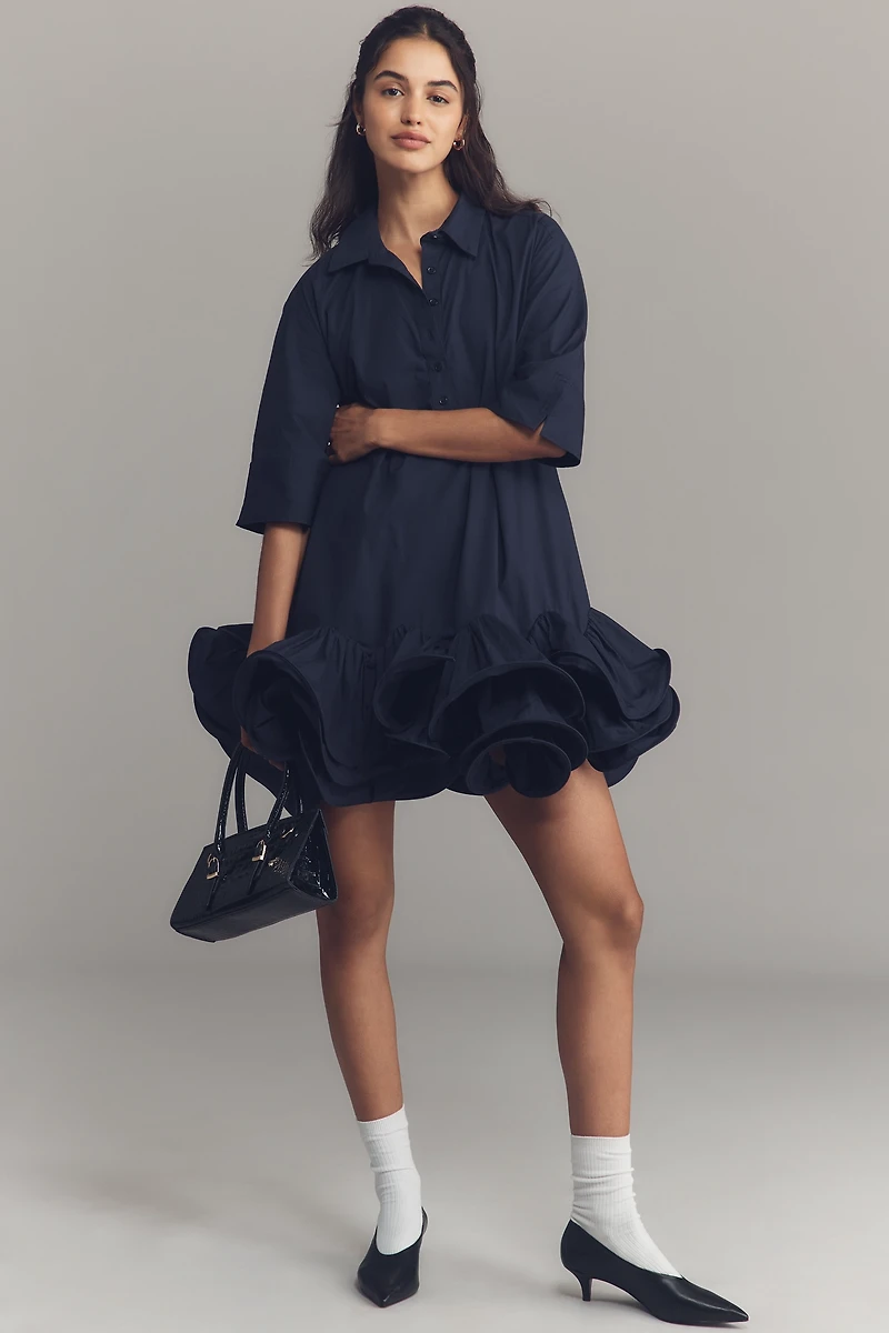 Maeve Short-Sleeve Collared 3D Ruffle Mini Dress