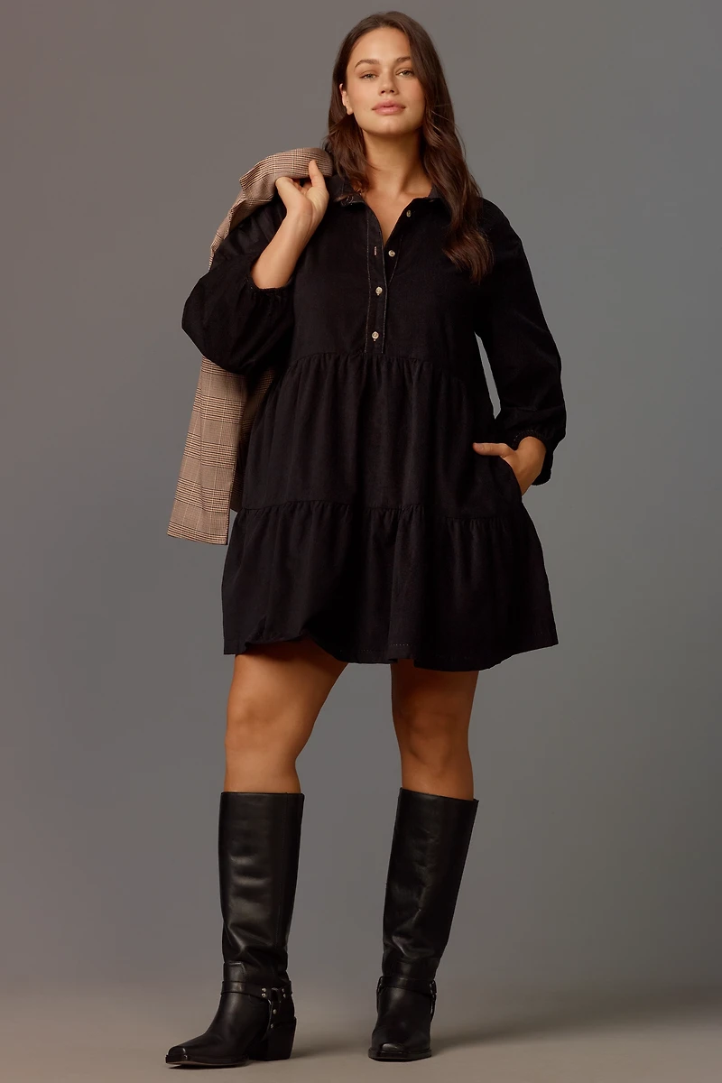 The Bettina Corduroy Tiered Mini Shirt Dress by Maeve