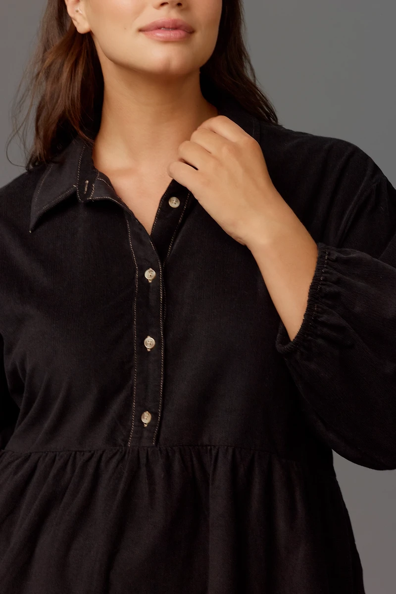 The Bettina Corduroy Tiered Mini Shirt Dress by Maeve