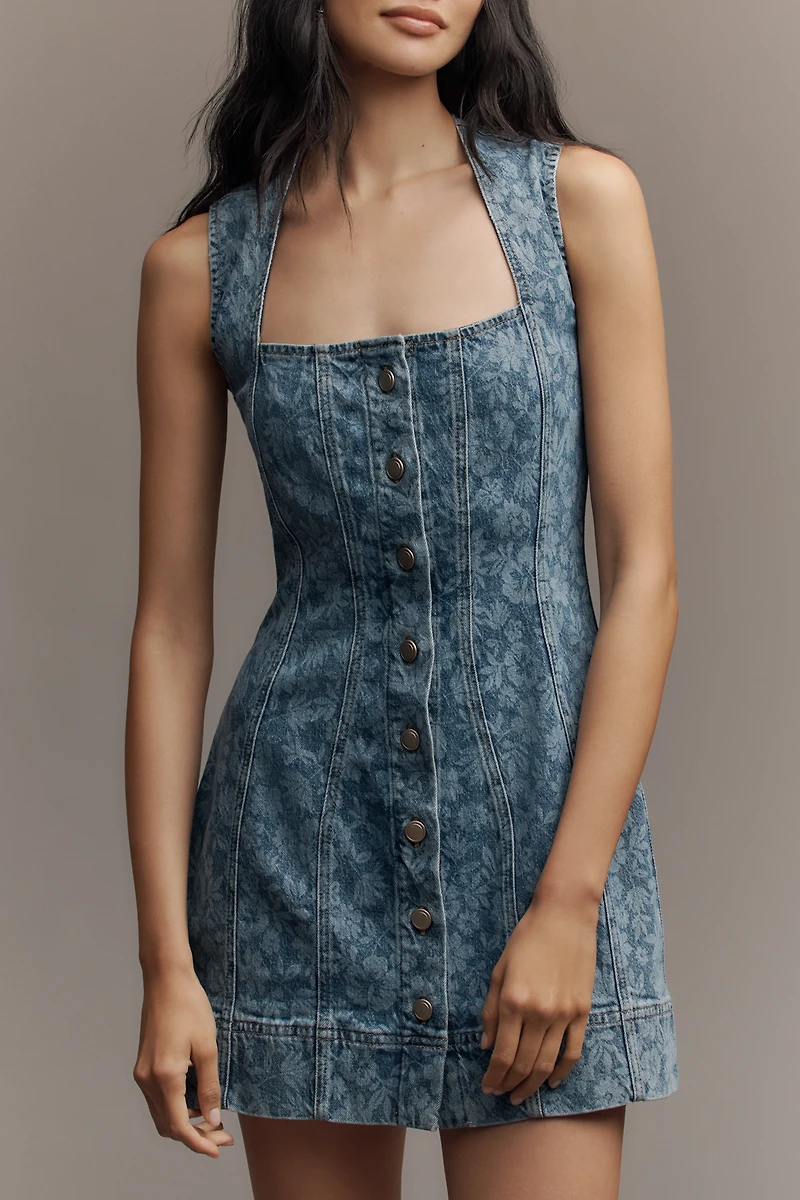 Good American Sleeveless Button-Front Power Stretch Denim Mini Dress