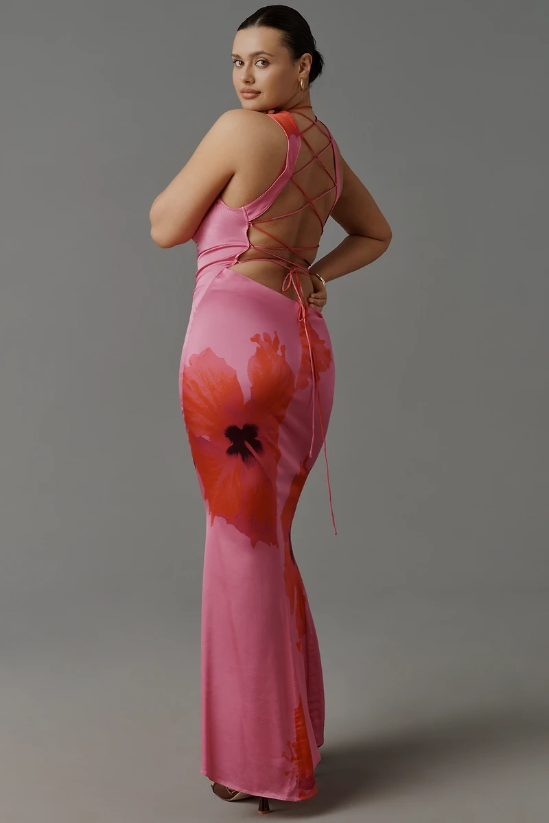 Good American Satin Cowl-Neck Lace-Up Maxi Dress