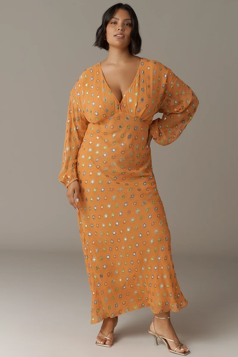 Never Fully Dressed Long-Sleeve Foil Maxi Dress