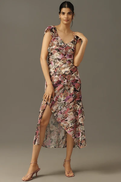 By Anthropologie Ruffle-Sleeve Floral Slip Midi Dress