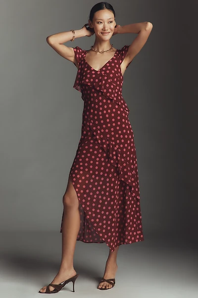 By Anthropologie Ruffle-Sleeve Floral Slip Midi Dress