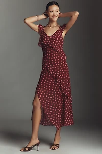 By Anthropologie Ruffle-Sleeve Floral Slip Midi Dress