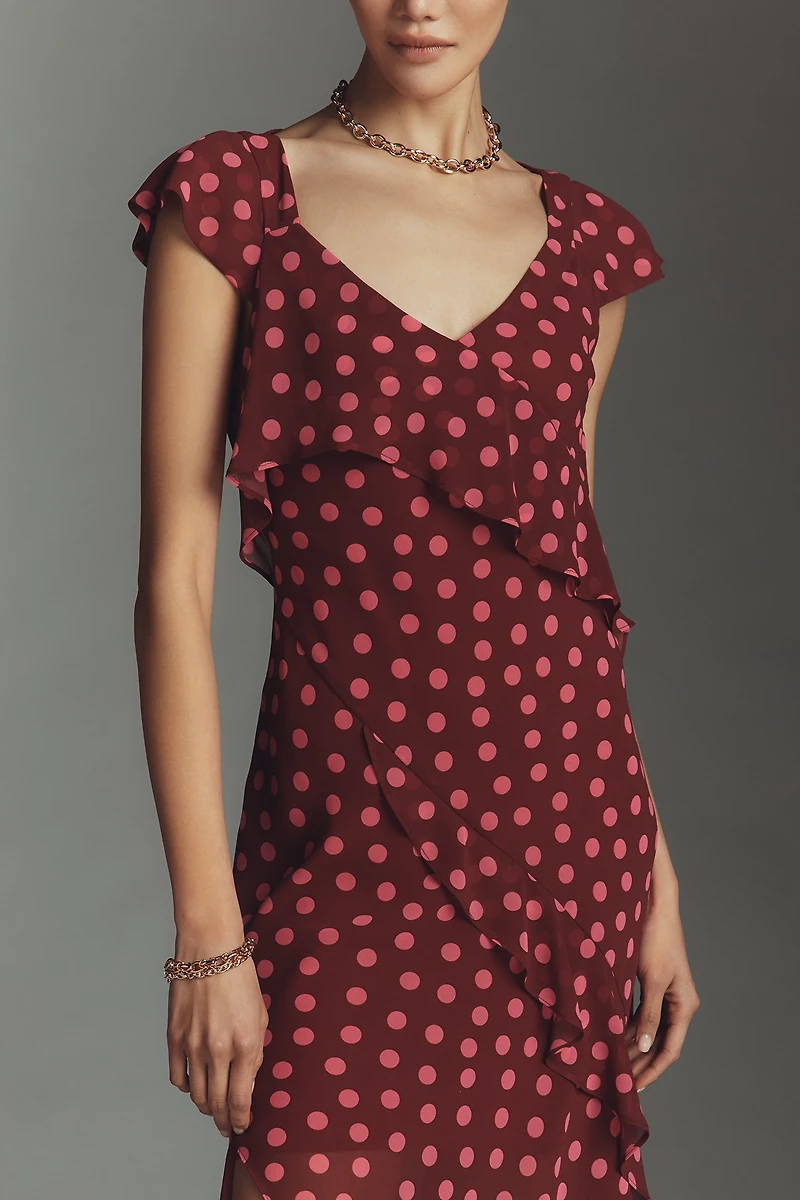 By Anthropologie Ruffle-Sleeve Floral Slip Midi Dress