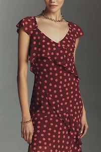 By Anthropologie Ruffle-Sleeve Floral Slip Midi Dress