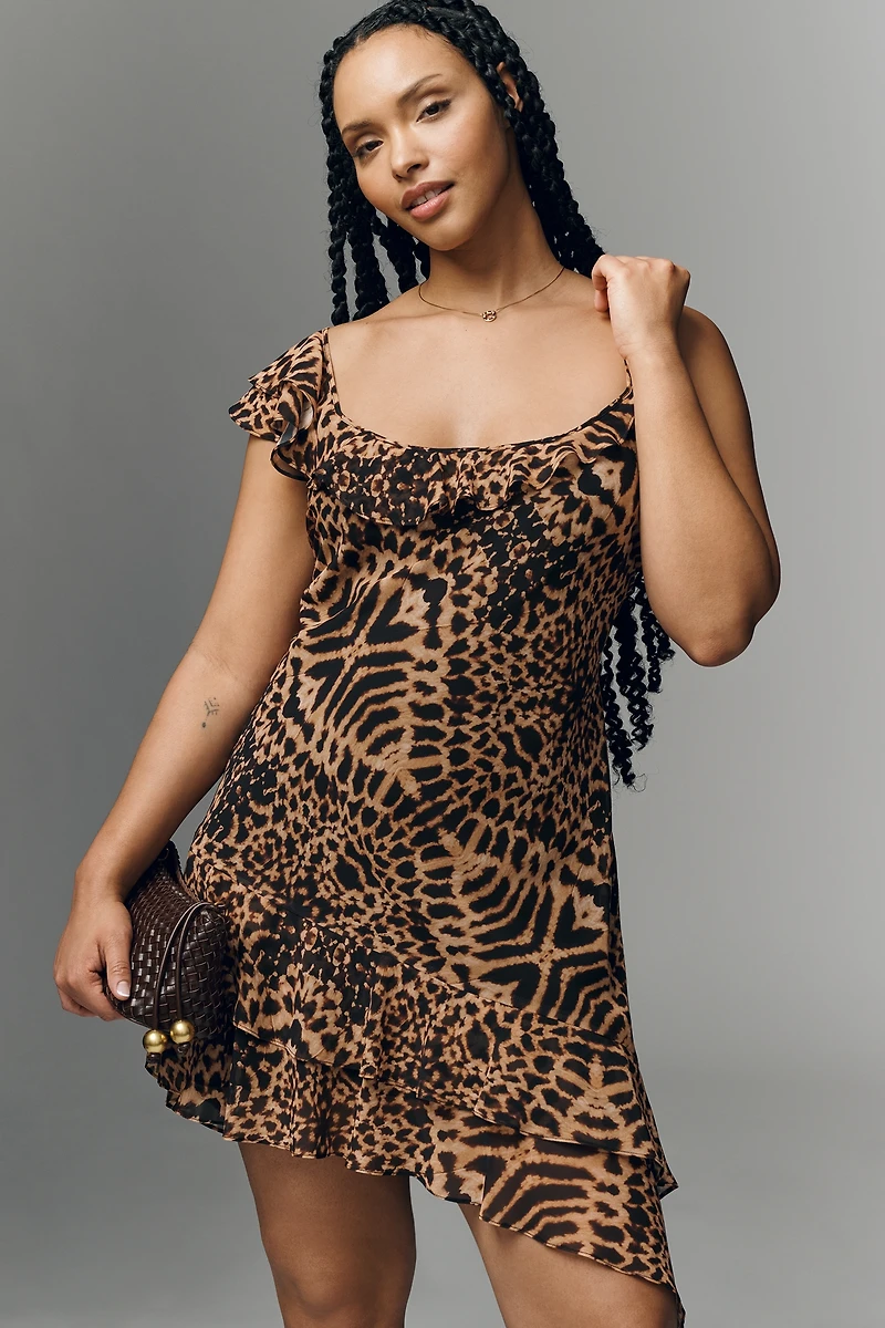 By Anthropologie Asymmetric Ruffle Animal Print Mini Dress