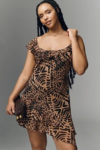By Anthropologie Asymmetric Ruffle Animal Print Mini Dress