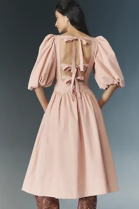 Allina Liu Emma Puff-Sleeve Tie-Back Midi Dress