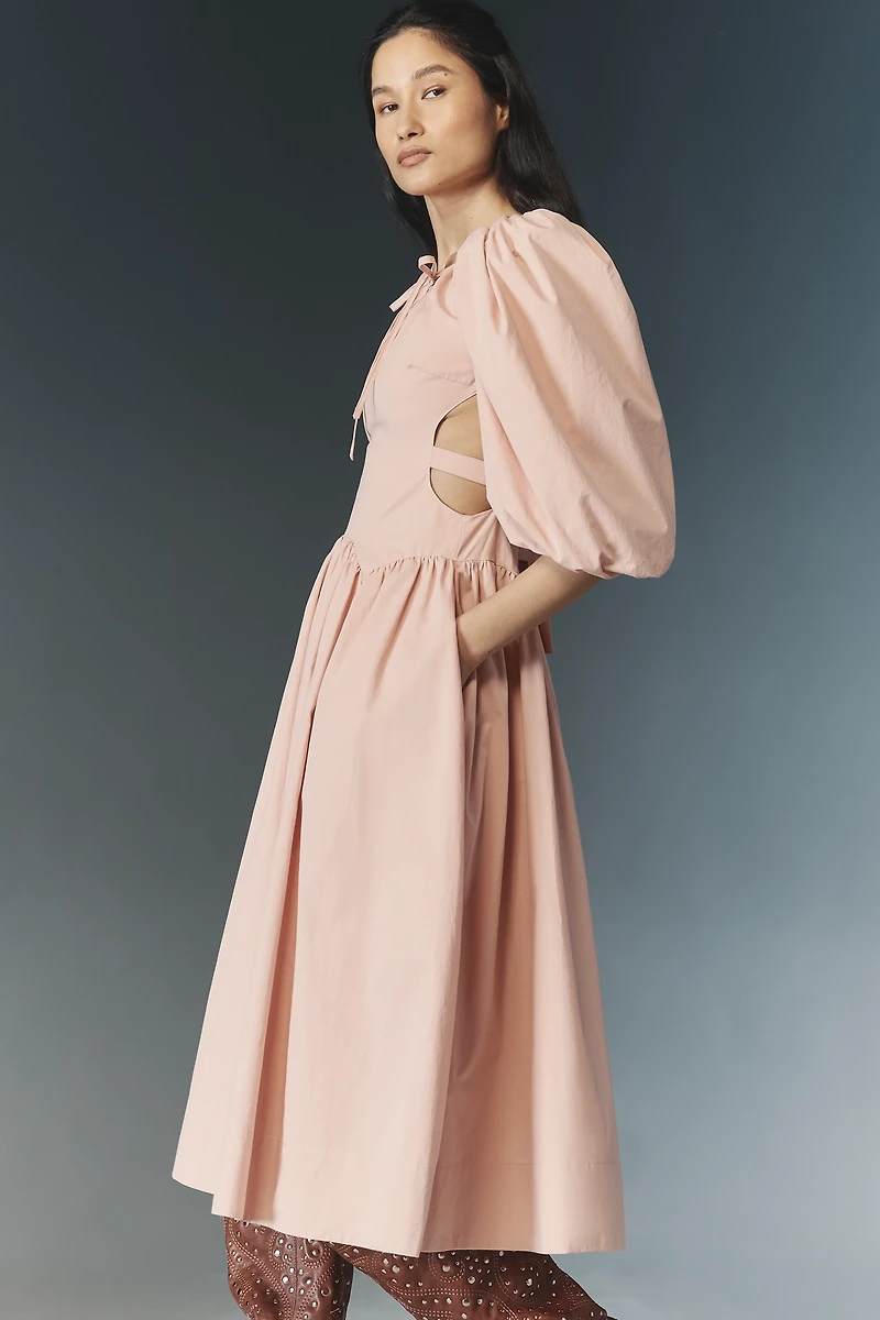 Allina Liu Emma Puff-Sleeve Tie-Back Midi Dress
