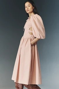 Allina Liu Emma Puff-Sleeve Tie-Back Midi Dress