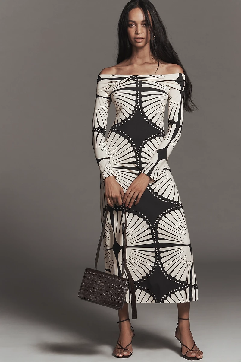 MON RENN Atkin Long-Sleeve Off-Shoulder Midi Dress