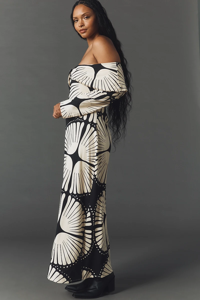 MON RENN Atkin Long-Sleeve Off-Shoulder Midi Dress