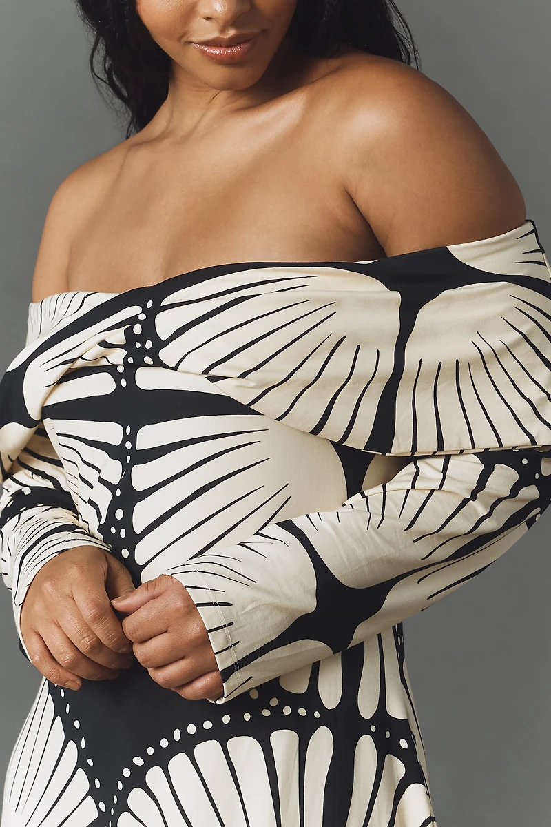 MON RENN Atkin Long-Sleeve Off-Shoulder Midi Dress