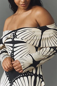 MON RENN Atkin Long-Sleeve Off-Shoulder Midi Dress