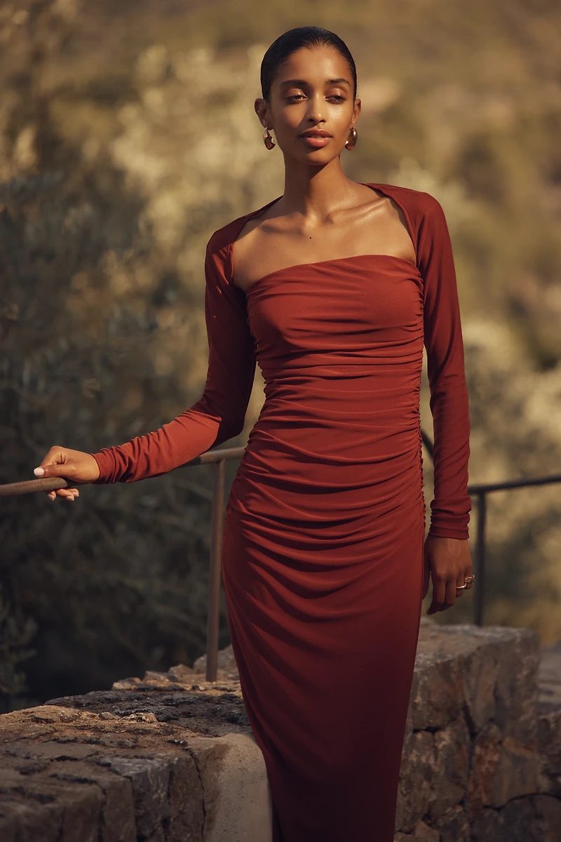 SOVERE Myriad Long-Sleeve Ruched Midi Dress
