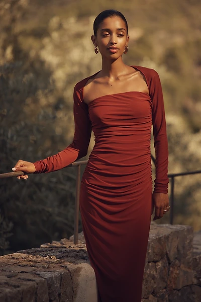 SOVERE Myriad Long-Sleeve Ruched Midi Dress