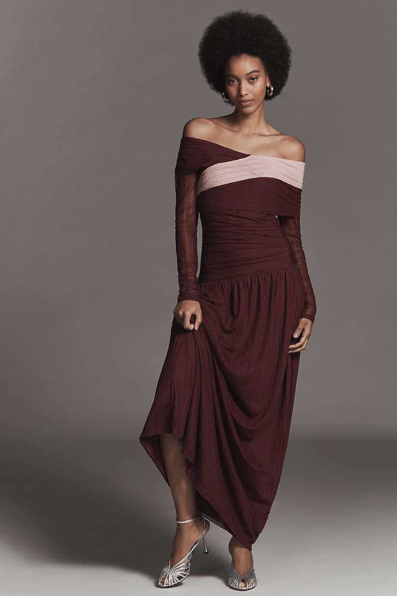 SOVERE Cascade Long-Sleeve Off-Shoulder Mesh Maxi Dress