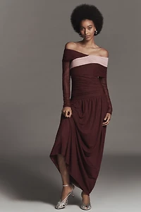 SOVERE Cascade Long-Sleeve Off-Shoulder Mesh Maxi Dress