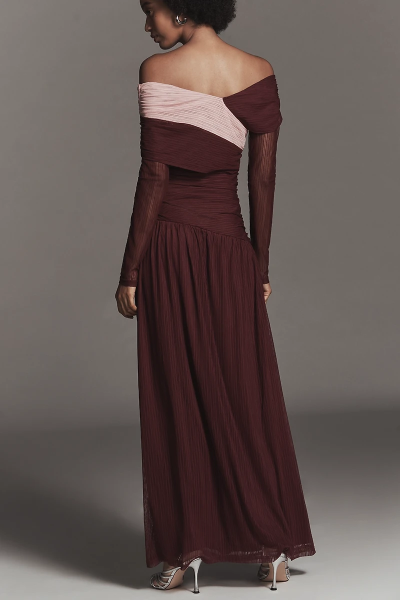 SOVERE Cascade Long-Sleeve Off-Shoulder Mesh Maxi Dress