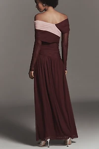 SOVERE Cascade Long-Sleeve Off-Shoulder Mesh Maxi Dress