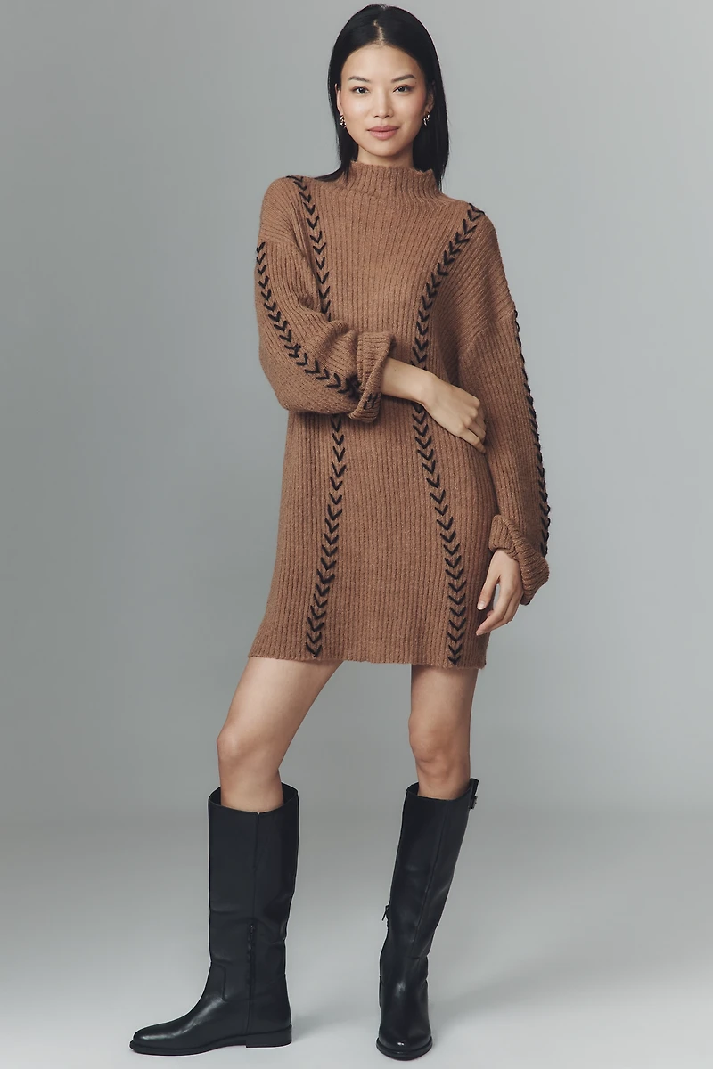 Renn Long-Sleeve Stitched Mini Sweater Dress